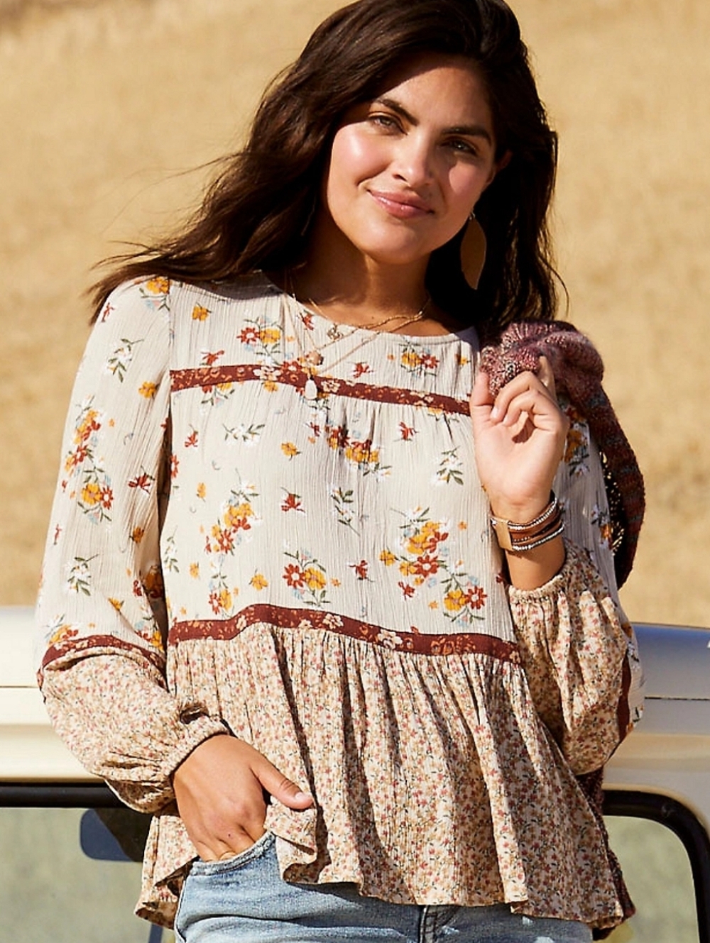 Maurices Cream Floral Peasant Tunic with Rust Trim - Picture 2 of 6